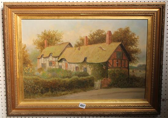 Oil on canvas, Thatched cottage , (damaged)